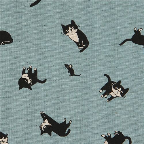 Japanese green-blue Canvas fabric with cats Fabric