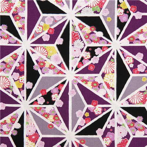 Resto de (28 x 110 cm) - Tela negro crema japonesa con asanoha estrella  flores sakura violeta - modesS4u