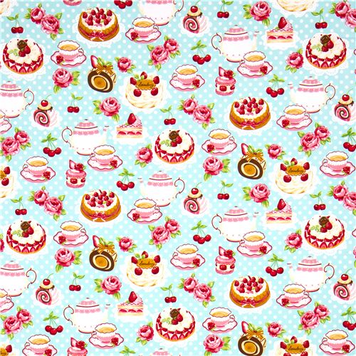 p6583 Tissu japonais turquoise motifs roses gateaux et cafe