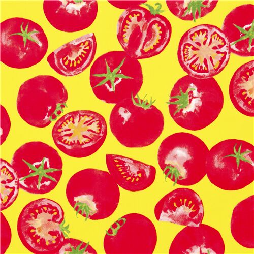tessuto giallo giapponese pomodori rossi fluttuanti Tessuto