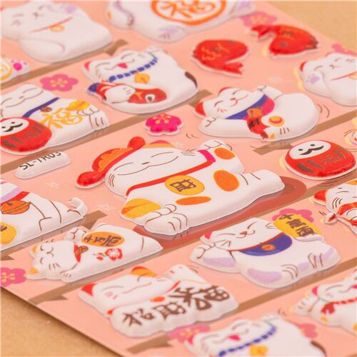 Koinori beckoning fortune cat puffy brown sticker sheet gold koban lucky charm 3