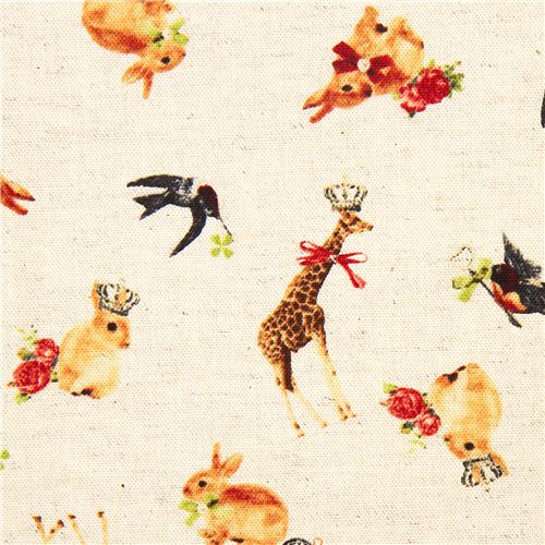 Kokka Canvas fabric with bunny giraffe bird dal Giappone1