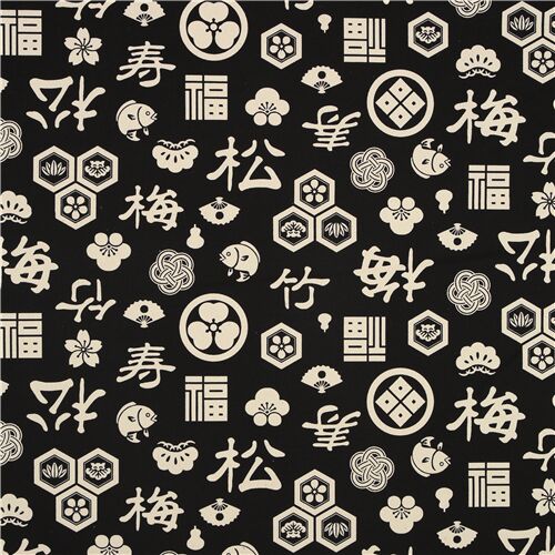 Kokka Japanese icon motif black natural color canvas fabric - modeS4u