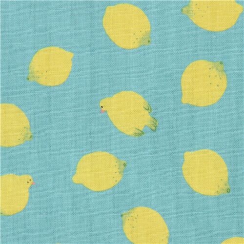 Kokka Kotorinuno canvas fabric in turquoise with yellow lemons and birds Fabric