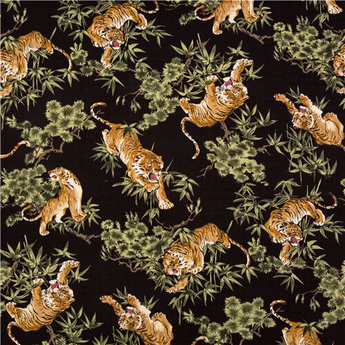 Tigers Fabric Japanese Chinese Oriental Cotton Black With 