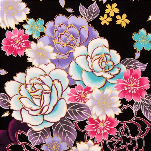 Kokka black cherry blossom rose flower fabric with gold - Flower Fabric ...