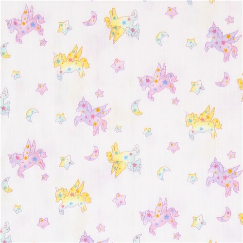 Tissu double gaze en coton avec des licornes jaunes et violettes Tissu