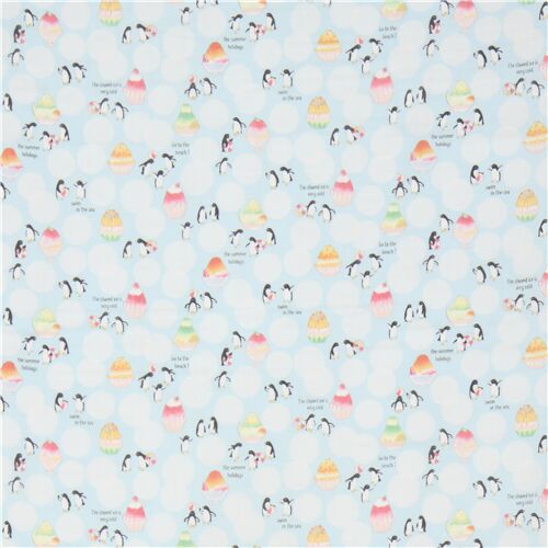 Kokka double gauze fabric in light blue with penguins and shaved ice