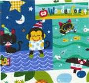 Monkey Kitty blue Kokka Fabric Japan kawaii half yard Fabric