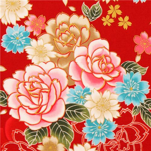 Kokka red cherry blossom rose flower fabric with gold Fabric by Kokka ...