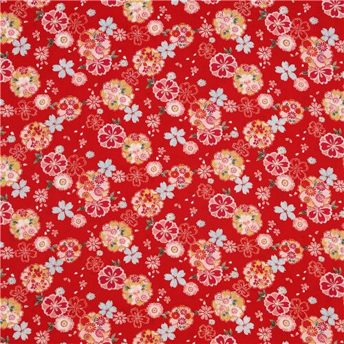 Kokka red floral pink blossoms textured japanese kimono fabric - modeS4u