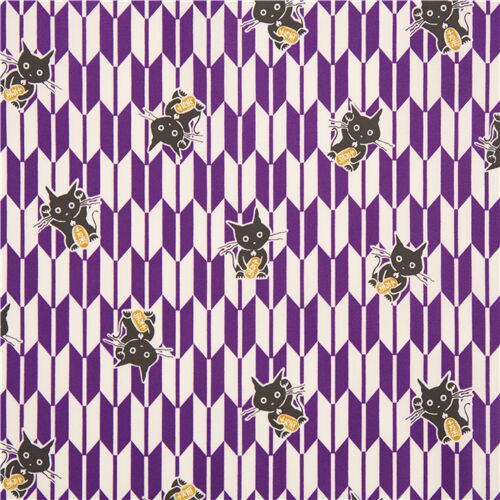 Tissu en coton lamin violet et cru Yagasuri chats noirs avec un koban Tissu