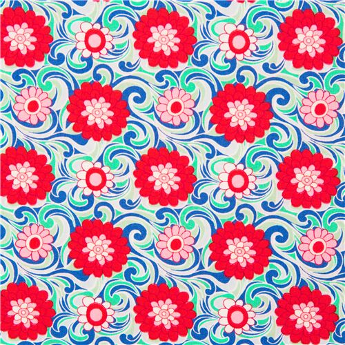 Groe rot-rosa Blumen auf blau-weien Wirbeln Stoff