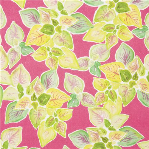 tessuto Leafy Garden foglie verdi cotone rosa Tessuto