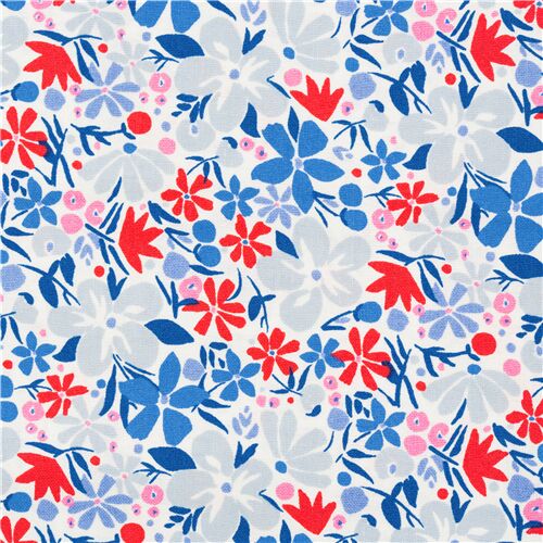 Liberty Fabrics 60s dense floral design reds blues on white Fabric