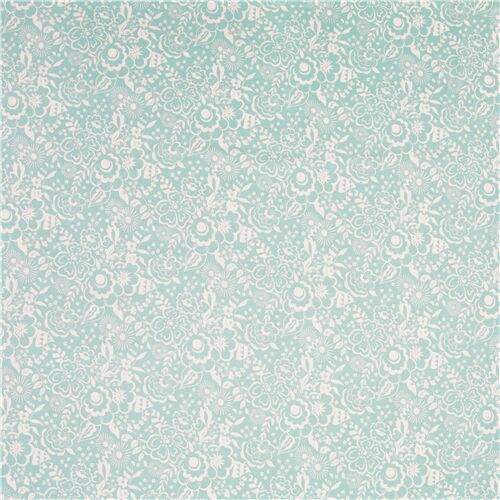 Liberty Fabrics light aqua blue deco florals on cream cotton - modeS4u