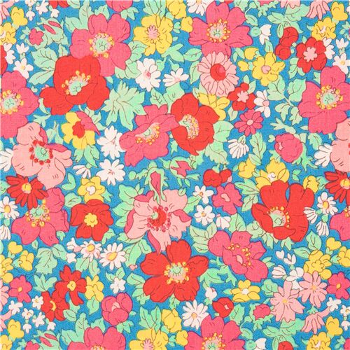 Liberty Fabrics red pink tossed flowers on teal cotton fabric - modeS4u