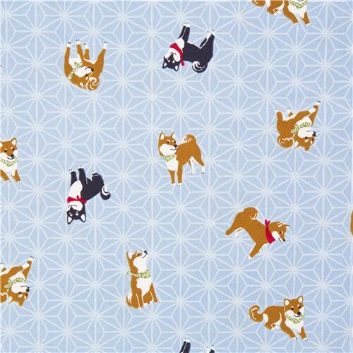 Tissu Oxford bleu clair motif gomtriques chiens shiba inu et boulettes de riz Tissu