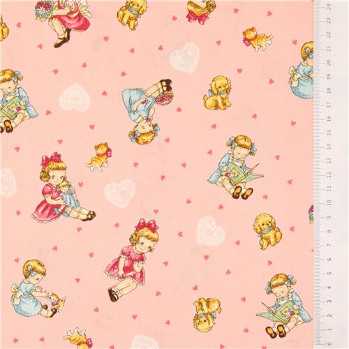 Remnant (50 x 110 cm) - Light pink fabric Quilt Gate vintage girls doll books hearts 3