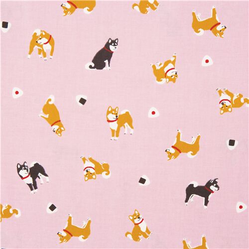 Tissu Oxford rose clair avec des chiens shiba inu et des boules de riz Tissu