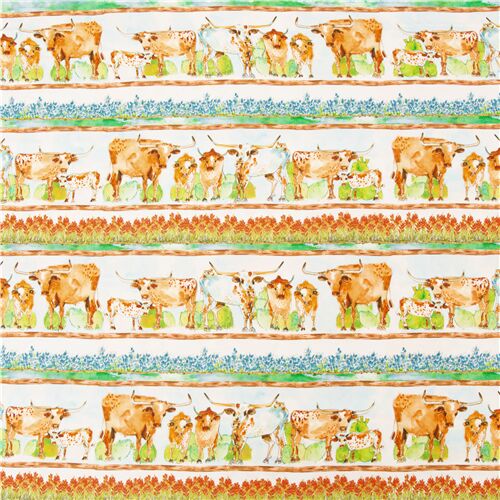 Farm Longhorn Cows with Flowers Stripe Fabric by Quilting Treasures -  modeS4u