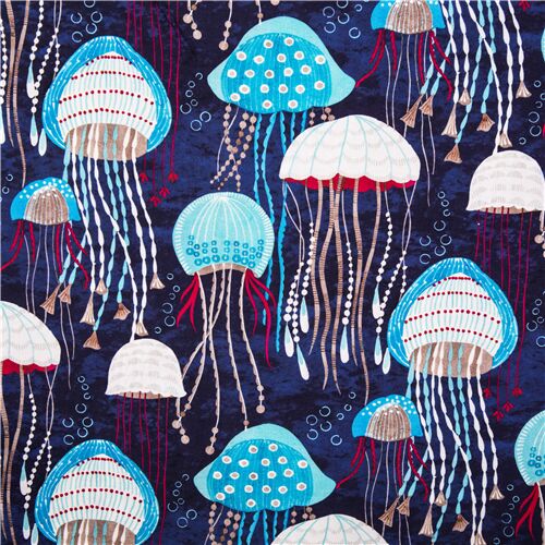 Marine life cotton fabric Michael Miller jellyfish on navy modeS4u