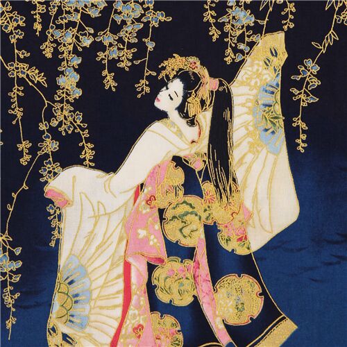 Metallic gold Japanese geisha panel fabric by Robert Kaufman modeS4u