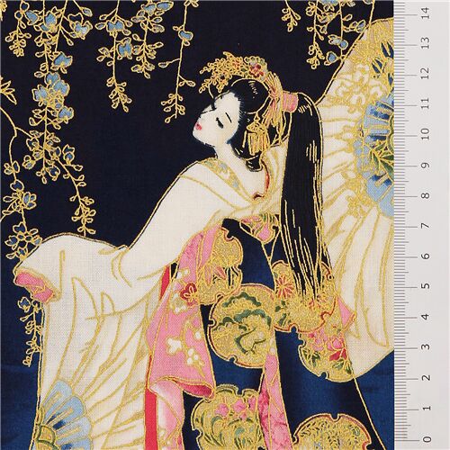 Metallic gold Japanese geisha panel fabric by Robert Kaufman modeS4u
