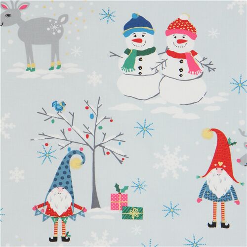 Michael Miller tela de Navidad con gnomo muñeco de nieve en azul gris claro Tela