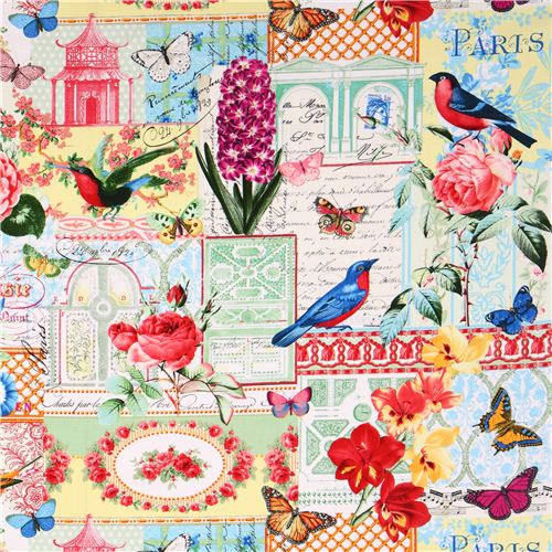 Michael Miller Collage flower butterfly bird fabric Menagerie Collage 1