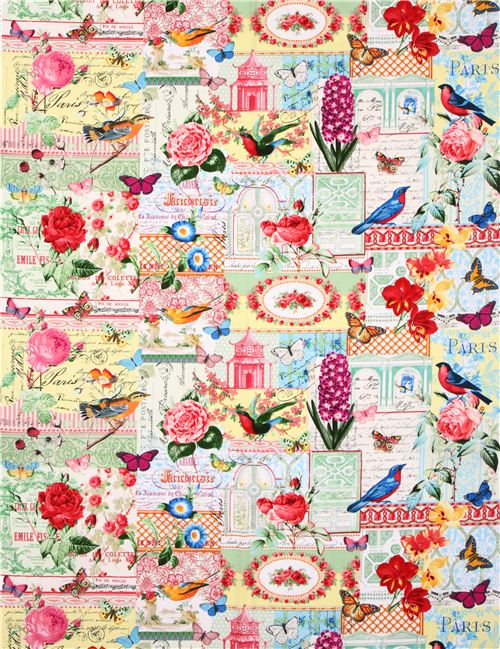 Michael Miller Collage flower butterfly bird fabric Menagerie Collage 3