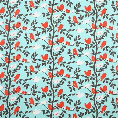Michael Miller aqua fabric bird on tree 2