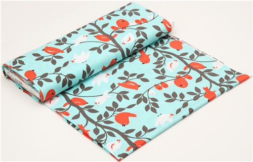Michael Miller aqua fabric bird on tree 3