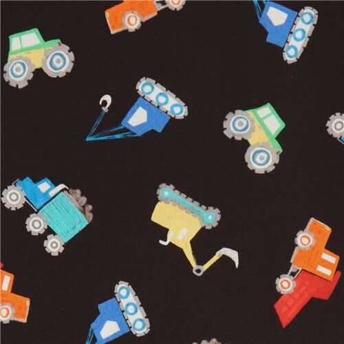 Tissu en coton noir avec des tracteurs engins jaunes orange Tissu