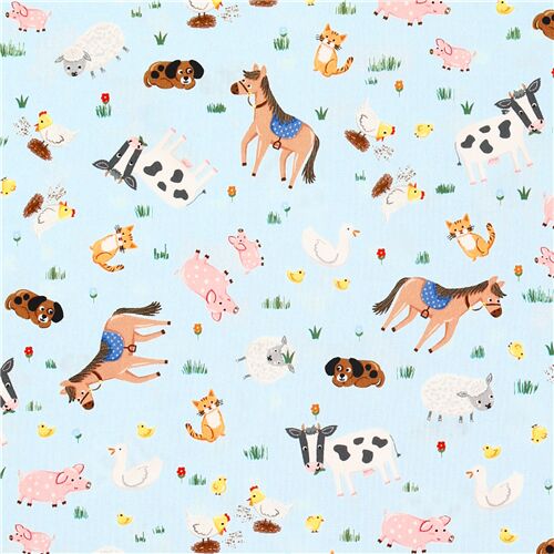 Remnant (34 x 112 cm) - Michael Miller blue cotton fabric horses barn cat cows 1