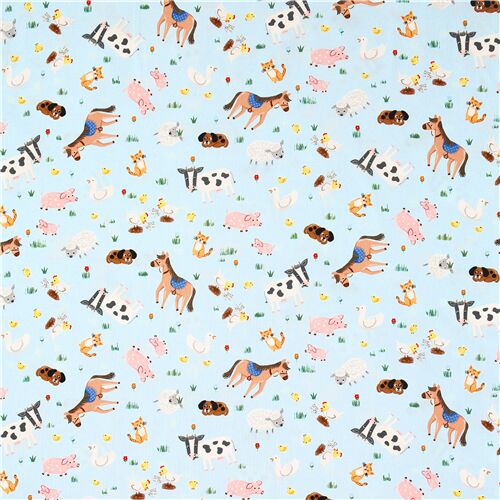 Remnant (34 x 112 cm) - Michael Miller blue cotton fabric horses barn cat cows 2