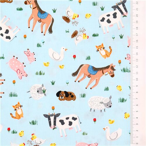 Remnant (34 x 112 cm) - Michael Miller blue cotton fabric horses barn cat cows 3
