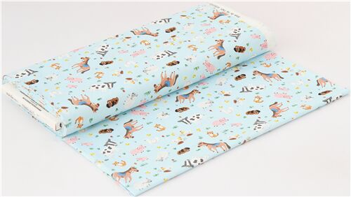 Remnant (34 x 112 cm) - Michael Miller blue cotton fabric horses barn cat cows 4