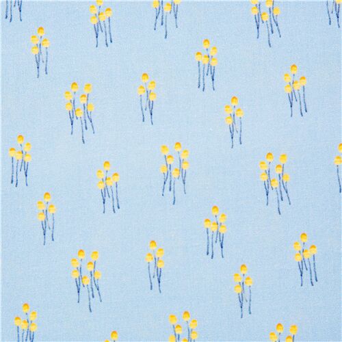 Tissu en coton bleu bouquets de champignons fleurs jaunes Tissu