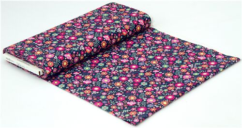 Michael Miller bright flowers on navy cotton fabric in flat graphic ...