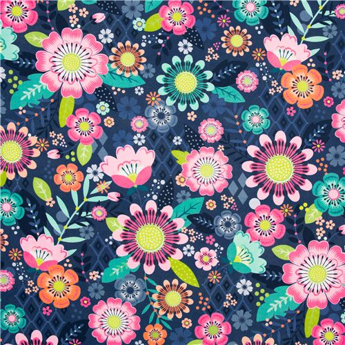 Michael Miller bright large flowers on navy cotton fabric - modeS4u
