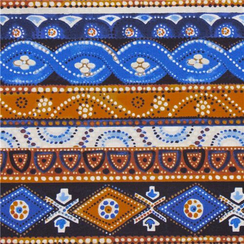 Tissu en coton  rayures marron blanches et bleues Tissu