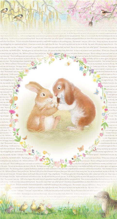 Michael Miller bunny rabbit family panel fabric in white Fabric by ...