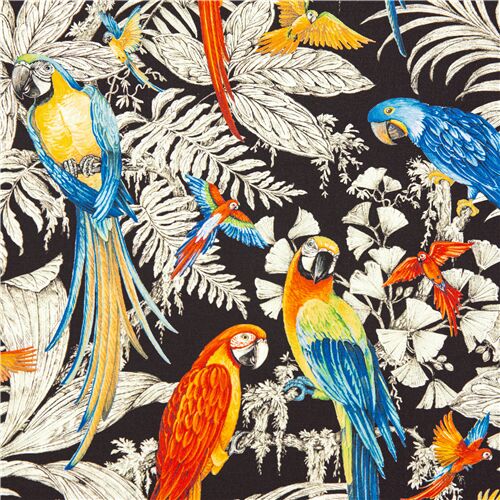 Tissu noir perroquets feuille palmiers tropicaux orchides fleurs Tissu