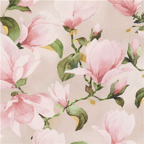 Michael Miller cream cotton fabric pink Magnolia florals Fabric by ...
