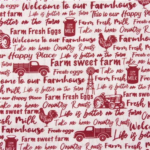 Tissu crème textes rouges, tracteurs, lait, coq, ferme Tissu