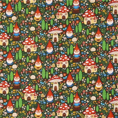 Michael Miller dark green colourful gnomes cotton fabric - modeS4u