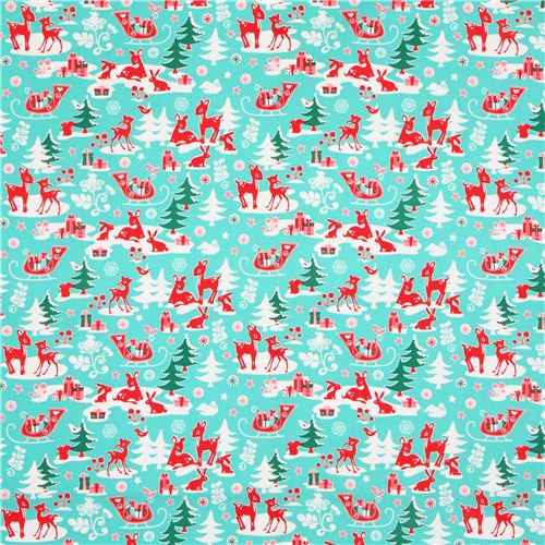 Michael Miller fabric aqua Yule Critters deer Christmas - modeS4u