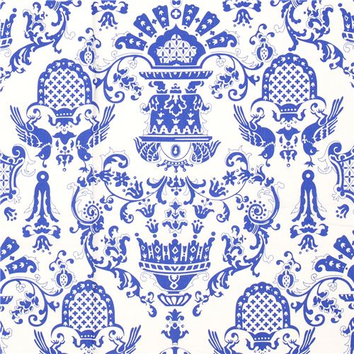 Michael Miller fabric with blue ornaments emblems bird 1