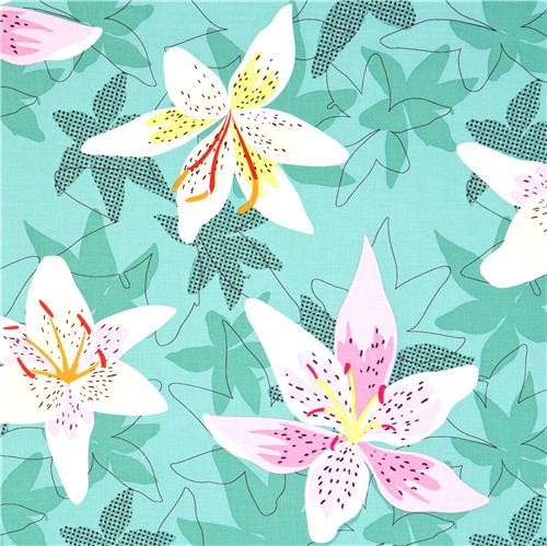 Michael Miller fabric with lily flower turquoise Patty Young 1